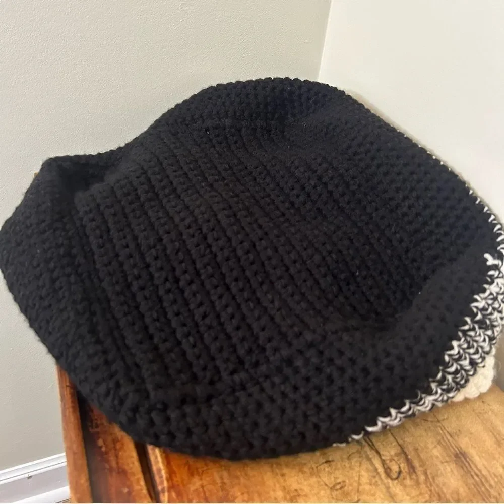 Large Homemade Hand Knit Soft Tote Basket Toy Storage Black Cream Gray Crochet